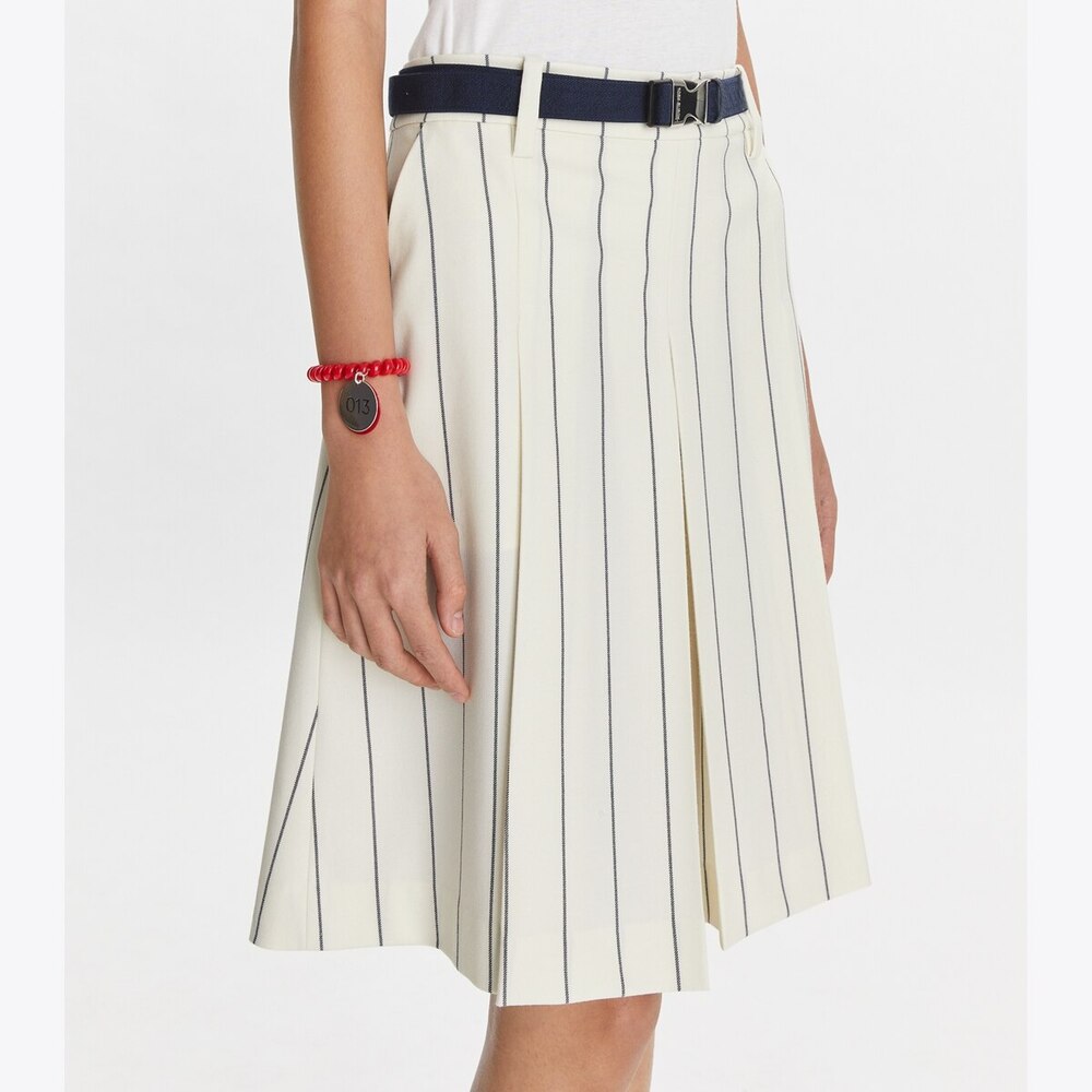 Tory Burch Wool Performance Pleated Golf Mini Skirt New Ivory Light Stripe 2